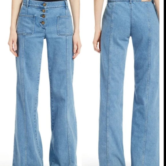 * Chloe Sz 6 / 38 Denim Flared Jeans Bell Bottom Button Fly Patch Front Pocket - Picture 4 of 15